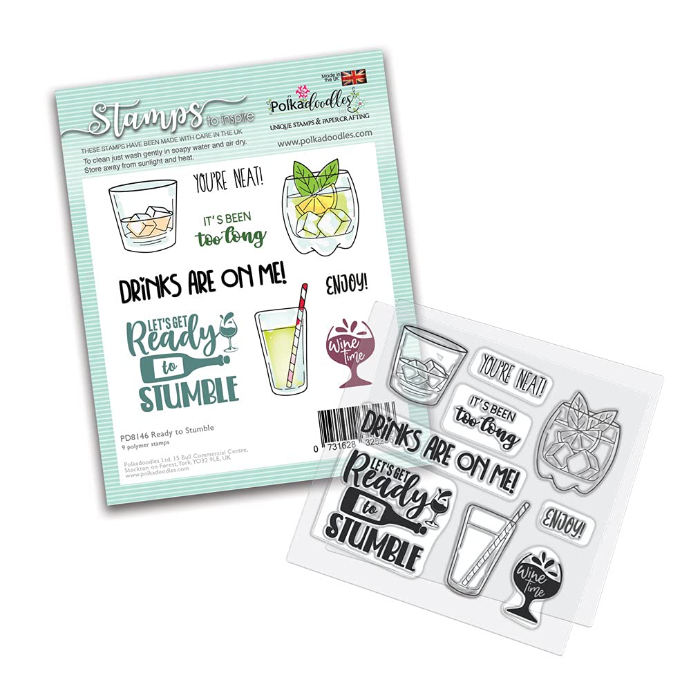 Clear Craft Stamp Set | Polkadoodles | Ready to Stumble 4 x 4" Stamp Set | Polymer Clear Stamps for Papercrafting | Summer, Party, Beer, Cocktail, Men Themed Scrapbook Stamps