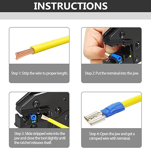 Miniatura 6 de Herramienta crimpadora de cables Qibaok Ratcheting Conectores de terminales de alambre aislado Herramienta de prensado para AWG22-10