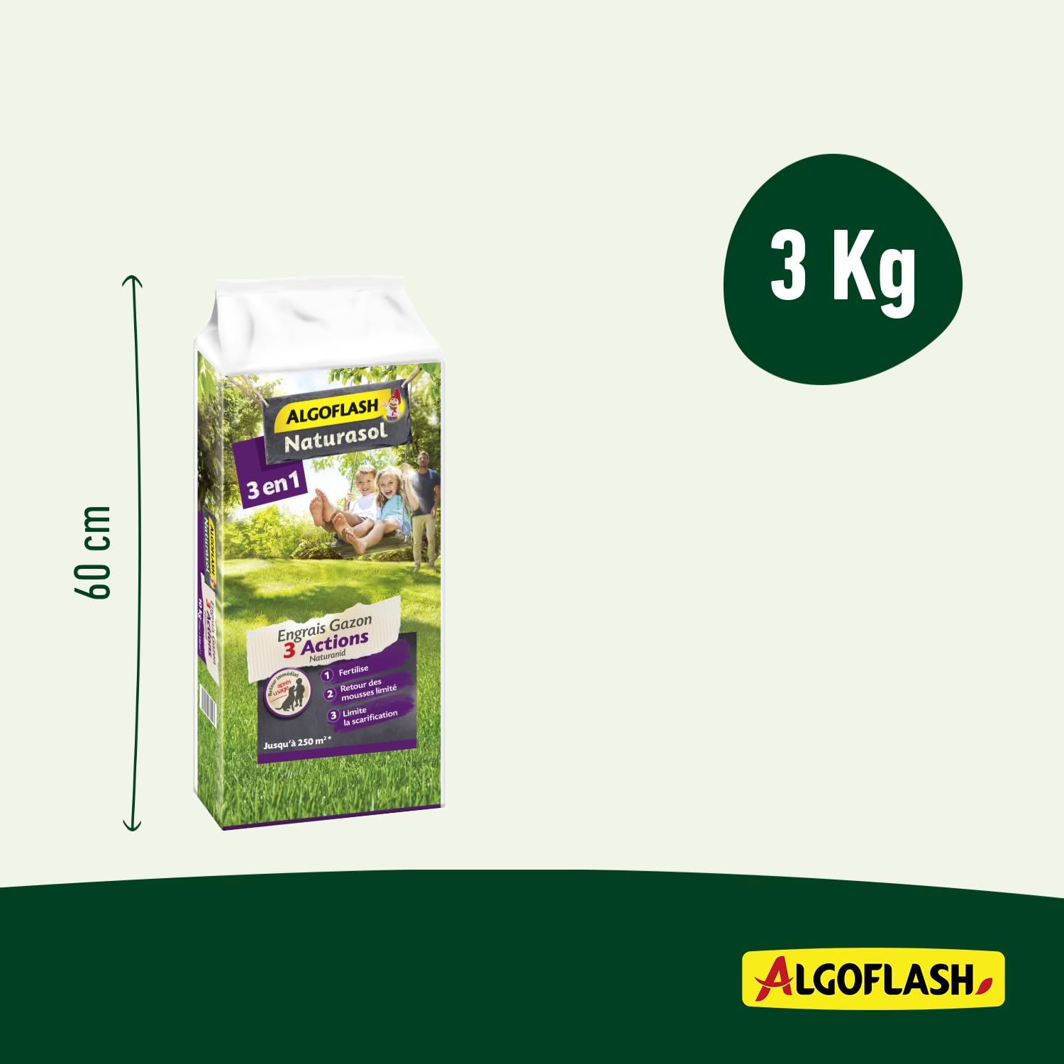 BARRIERE A INSECTES Algoflash NATURASOL Fertilizante Césped 3 Acciones Naturanid, Césped Verde, denso y Robusto Durante Todo el año, 10 kg, AG3BIO250