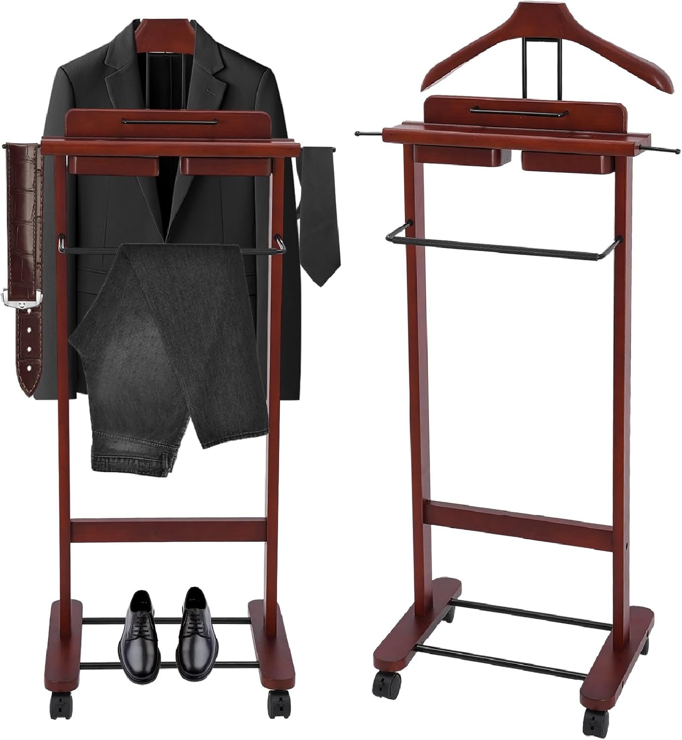 Freestanding Mens Valet Stand with Drawer, Rolling Suit Hanger Butler Clothes Rack with Base, for Office Living Room Bedroom