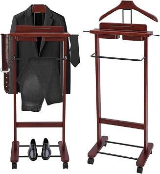 Freestanding Mens Valet Stand with Drawer, Rolling Suit Hanger Butler Clothes Rack with Base, for Office Living Room Bedroom