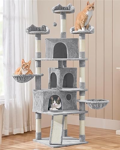 Miniatura 10 de Yaheetech Árbol para gatos de 76.5 pulgadas de alto, torre grande para gatos con 3 condominios grandes, tabla de rampa multifuncional, postes