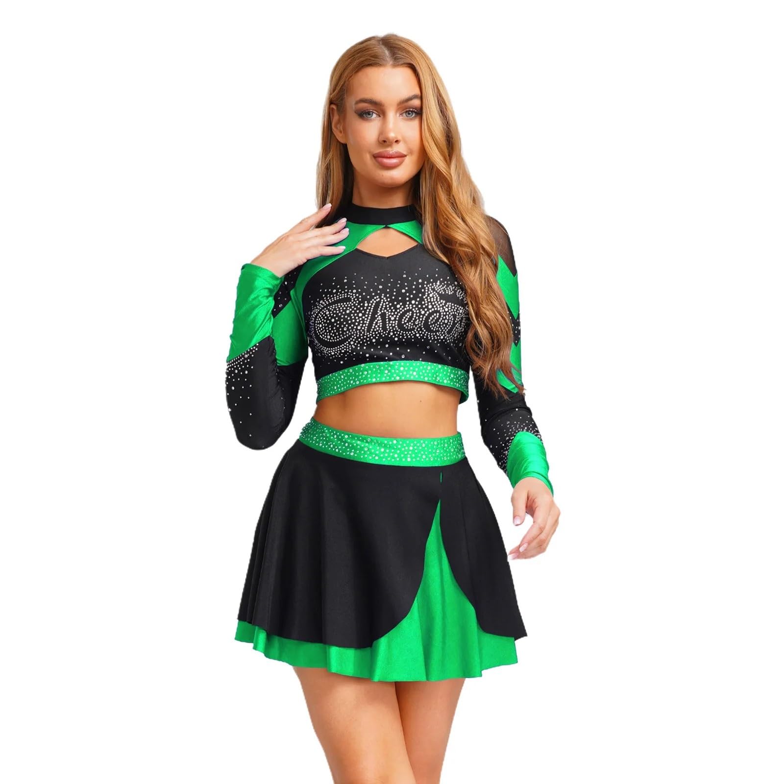 Cheerleader Kostüme Cheerleader-Kostüm for Damen mit glänzendem Strass, Cheerleading-Uniform, langärmelig, ausgehöhltes Bauchfreies Top und Skating-Rock, Tanz-Outfits