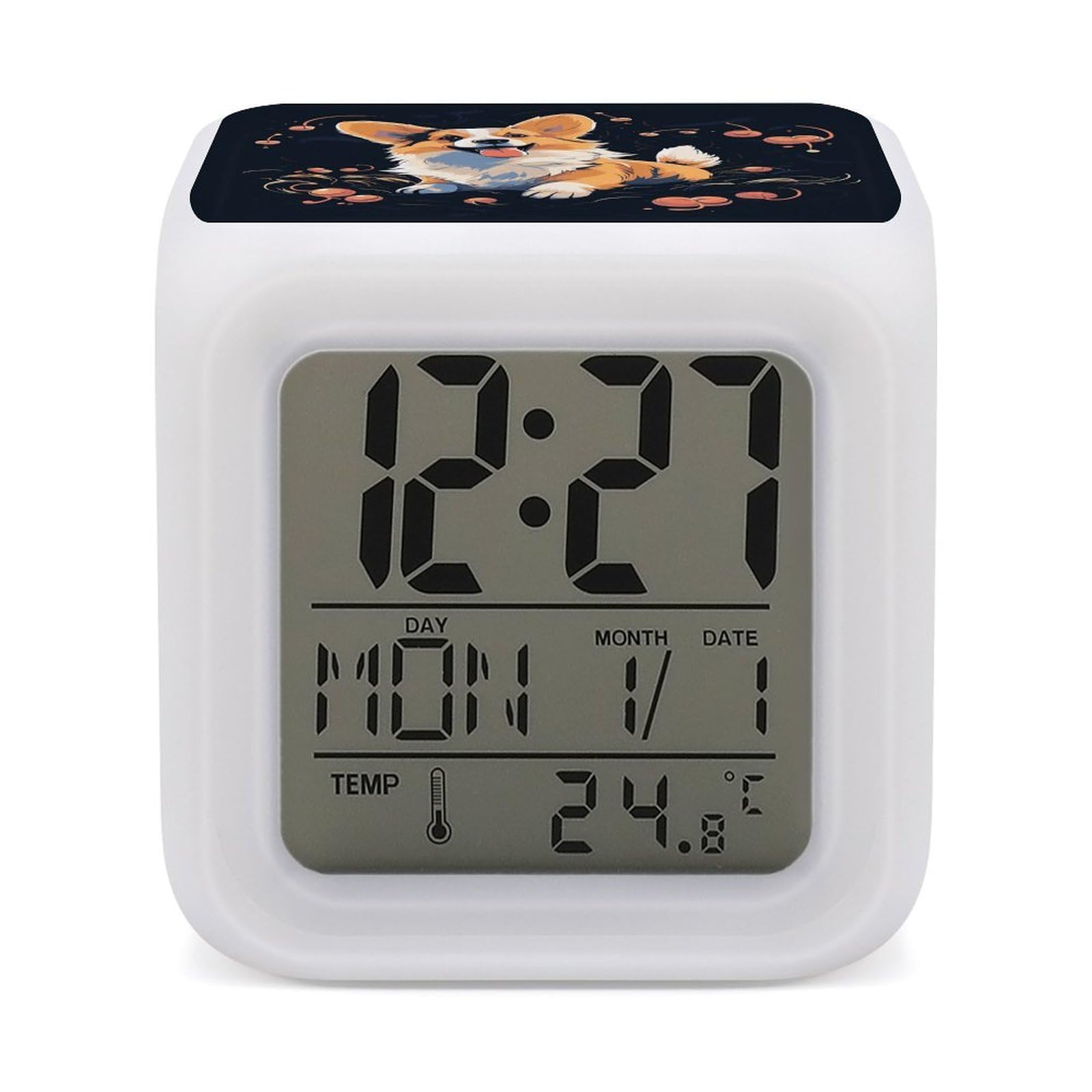 FekiLoot Corgi Dog on Dark Background Alarm Clock for Heavy Sleepers Wake Up Digital Clock with 7 Color Changing Night Light Super Loud Digital Alarm Clocks Small Machine Alarm Clocks