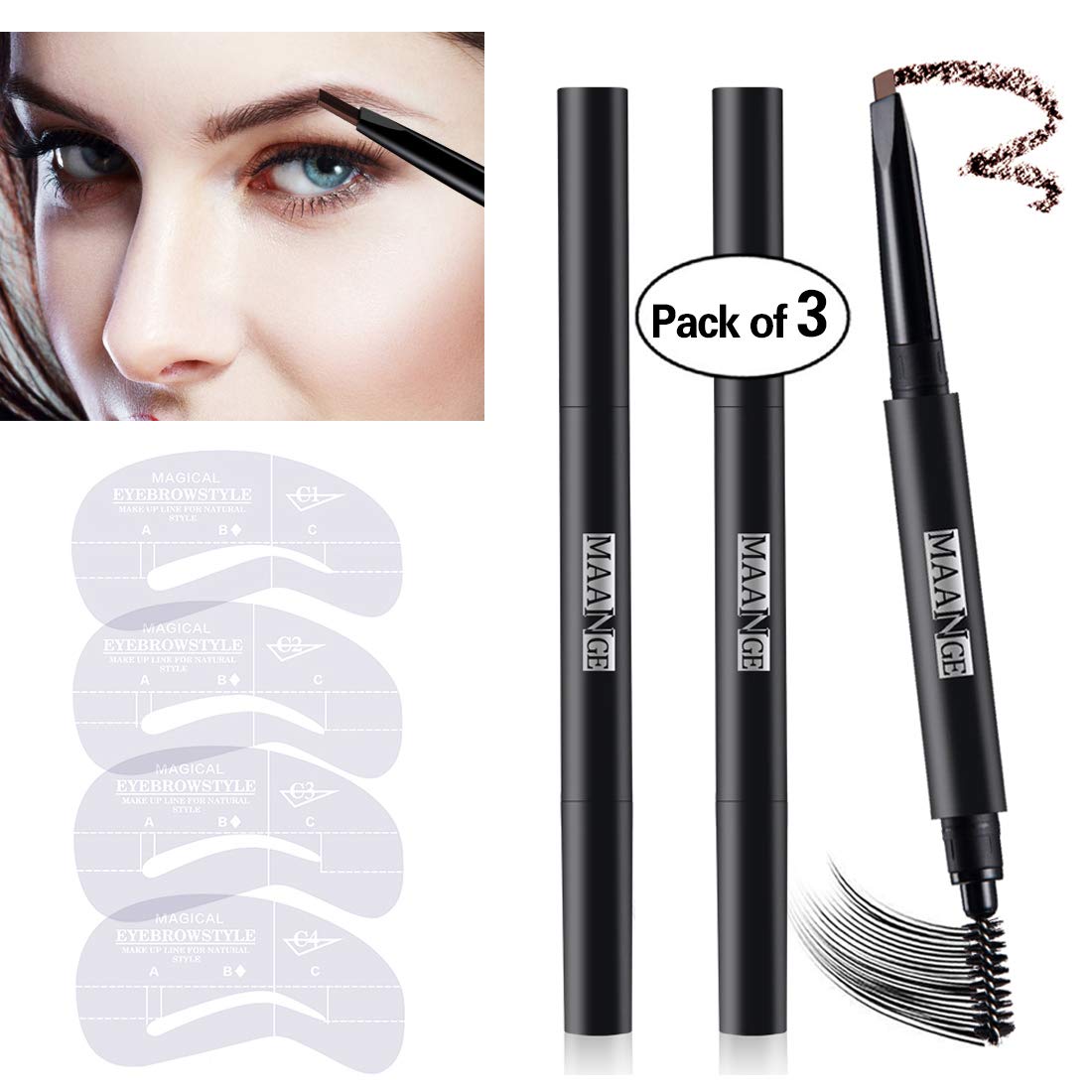 3 Colors Eyebrow Pencil Set Waterproof Drawing Automatic Eye Brow Long Lasting Sweat Proof Brown Black Grey 4 Eyebrow Stencils