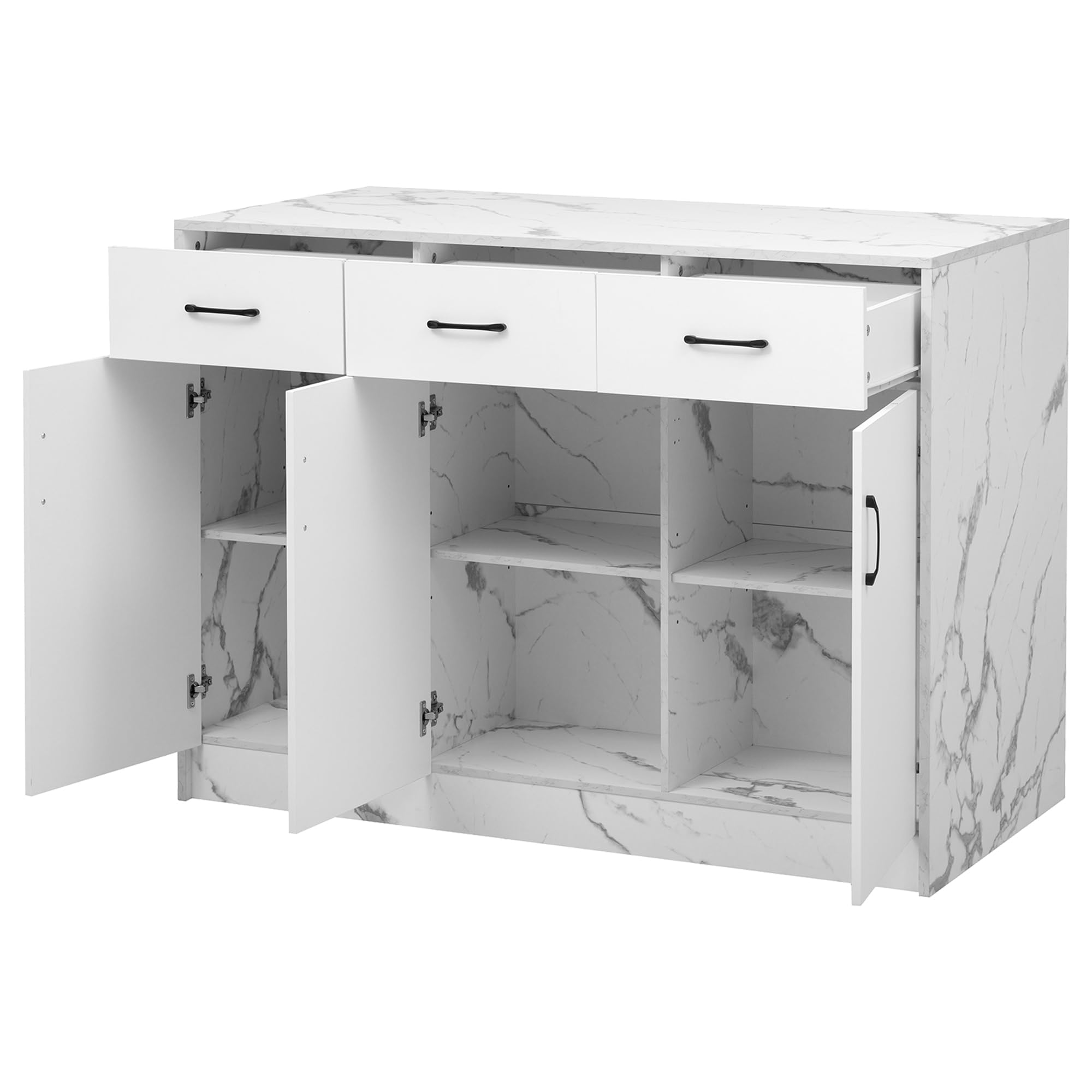 Armadio da cucina 120 x 60 x 90,5 cm, 3 cassetti e 3 ante, design marmo bianco, ripiani regolabili, design zona bar – Utensili da cucina eleganti e pratici