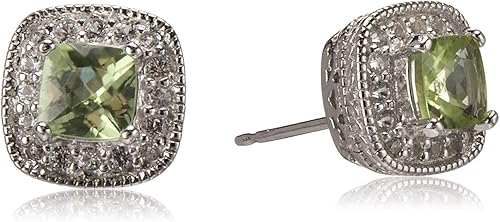 Tienda Collection Sterling Silver Cushion Cut Birthstone and Created White Sapphire Halo Stud Earrings