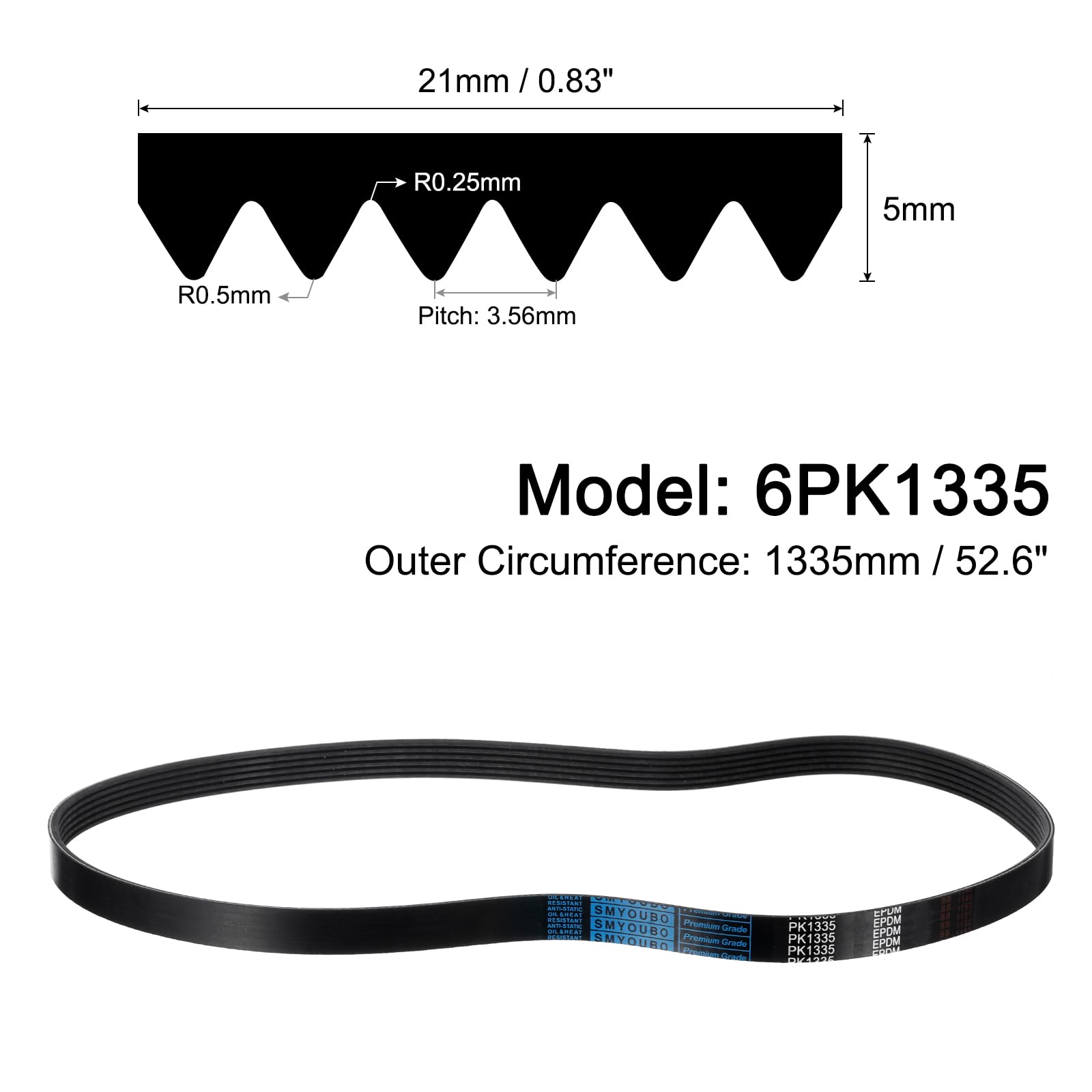 QUARKZMAN Courroie Striée 6Pk1335 à 6 Nervures, Longueur de 1335 mm, Largeur de 21 mm Et Hauteur de 5 mm, en Epdm, Courroie Poly V, Courroie Micro V Multi-Gorges