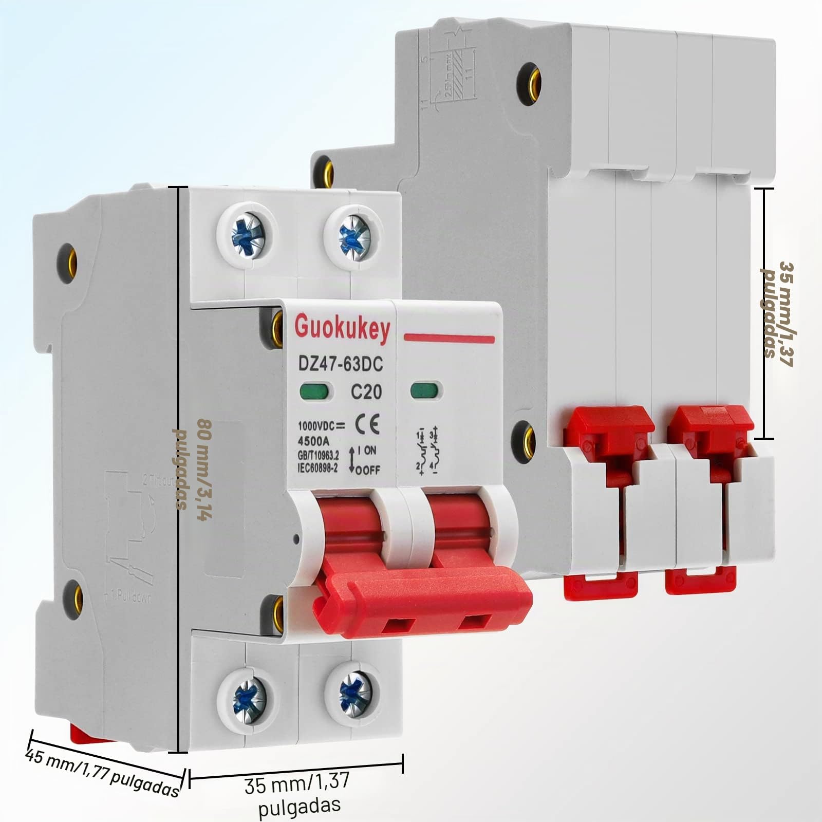 2 unidades Disyuntor automático PV DC 1000V 20A 2 polos DZ47-C20 Solar Interruptor de protección de línea Seccionador Interruptor de protección aérea Interruptor de protección para sistemas