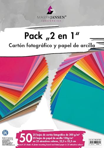MarpaJansen Pack 2 en 1, total de 50 hojas, surtido de 25 colores, 22,5 x 32,5 cm, 25 hojas de cartón fotográfico 300 g/m² y 25 hojas de papel de arcilla 130 g/m², Blauer Engel Cover