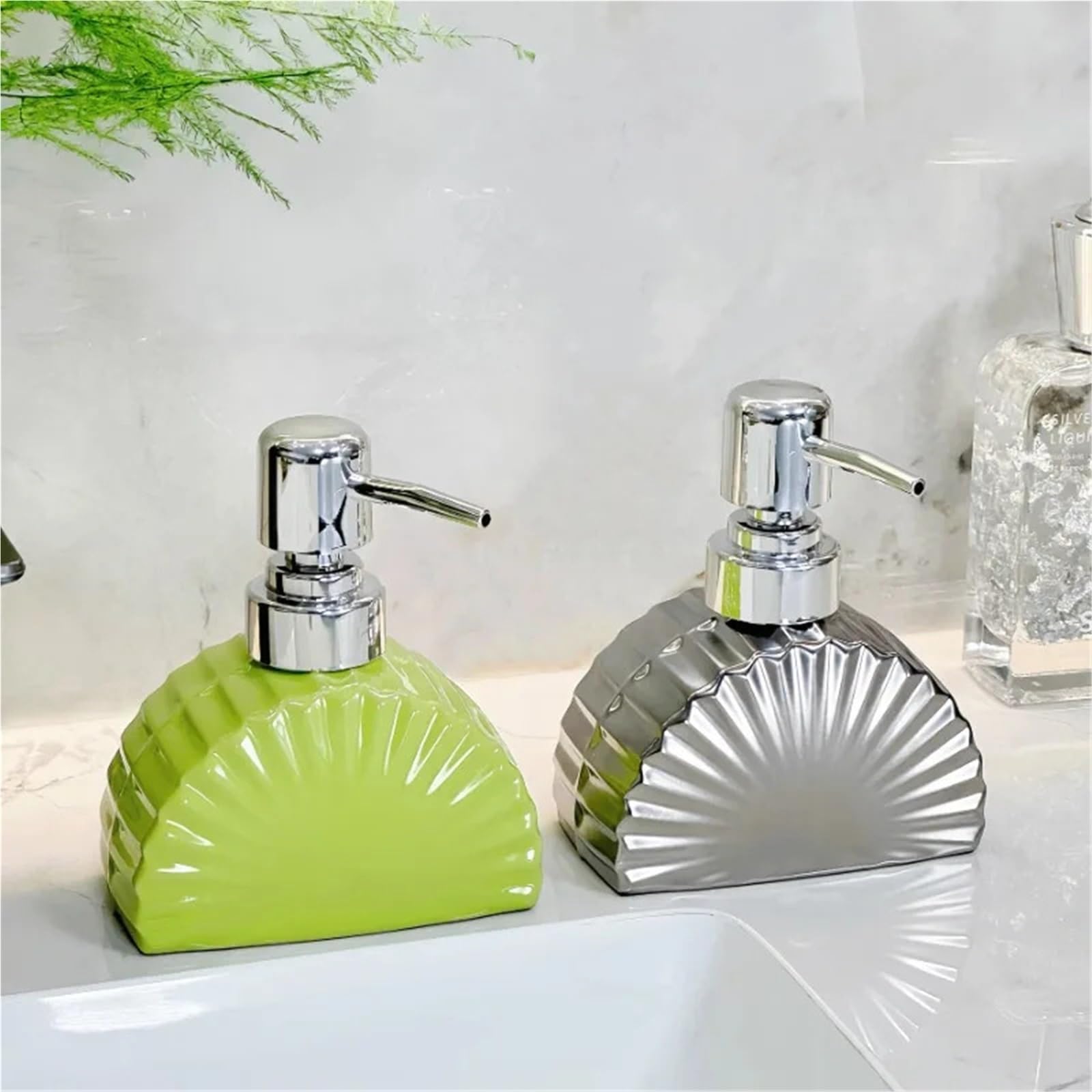Ceramiczny dozownik mydła, Ceramiczny dozownik mydła w kształcie wachlarza Butelka dezynfekująca Żel pod prysznic Szampon Wielokolorowy Pusty(Green)