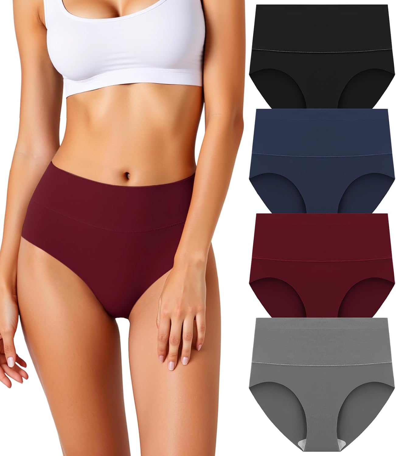 Women's Seamless Underwear High Waisted Tummy Control No Show Panties Full Coverage Stretch Briefs 4 Pack