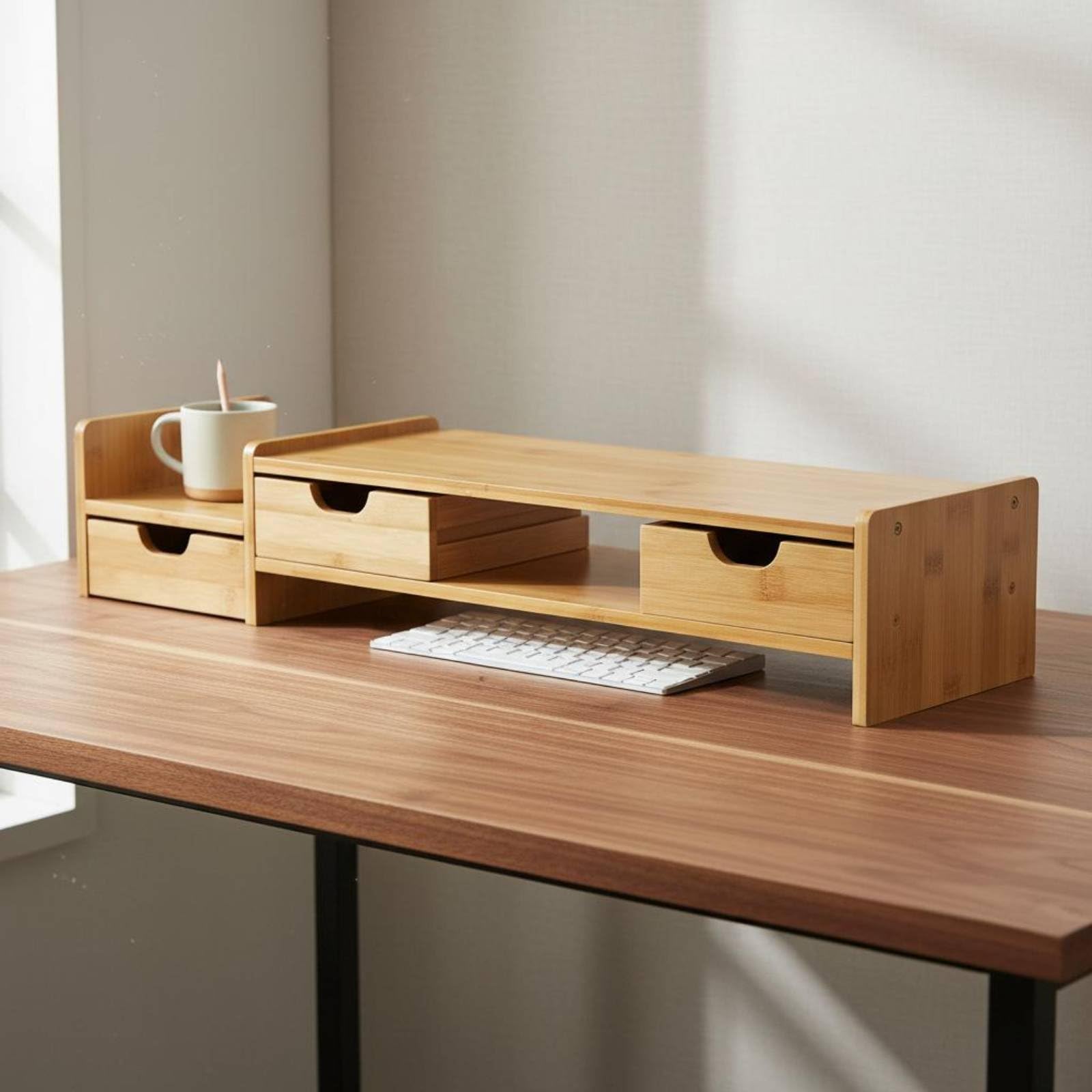 Supporto Rialzo Schermo Mensola Scrivania Organizer con Cassetti in bambù Design Ergonomico per Migliorare Postura E Ottimizzare Spazio Adatto a Ufficio, Cassetto Triplo