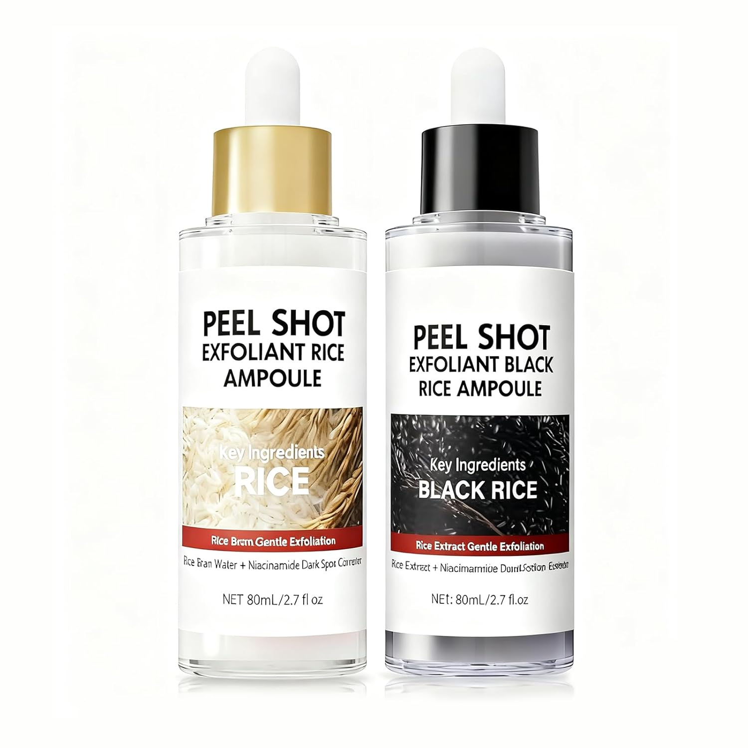 OLACLUK Peel Shot Glow Rice Ampoule Duo – White and Black Rice Exfoliating Ampoules, Pore Minimizing Gentle Peel, Deep Hydration - Black Rice Exfoliant for All Skin