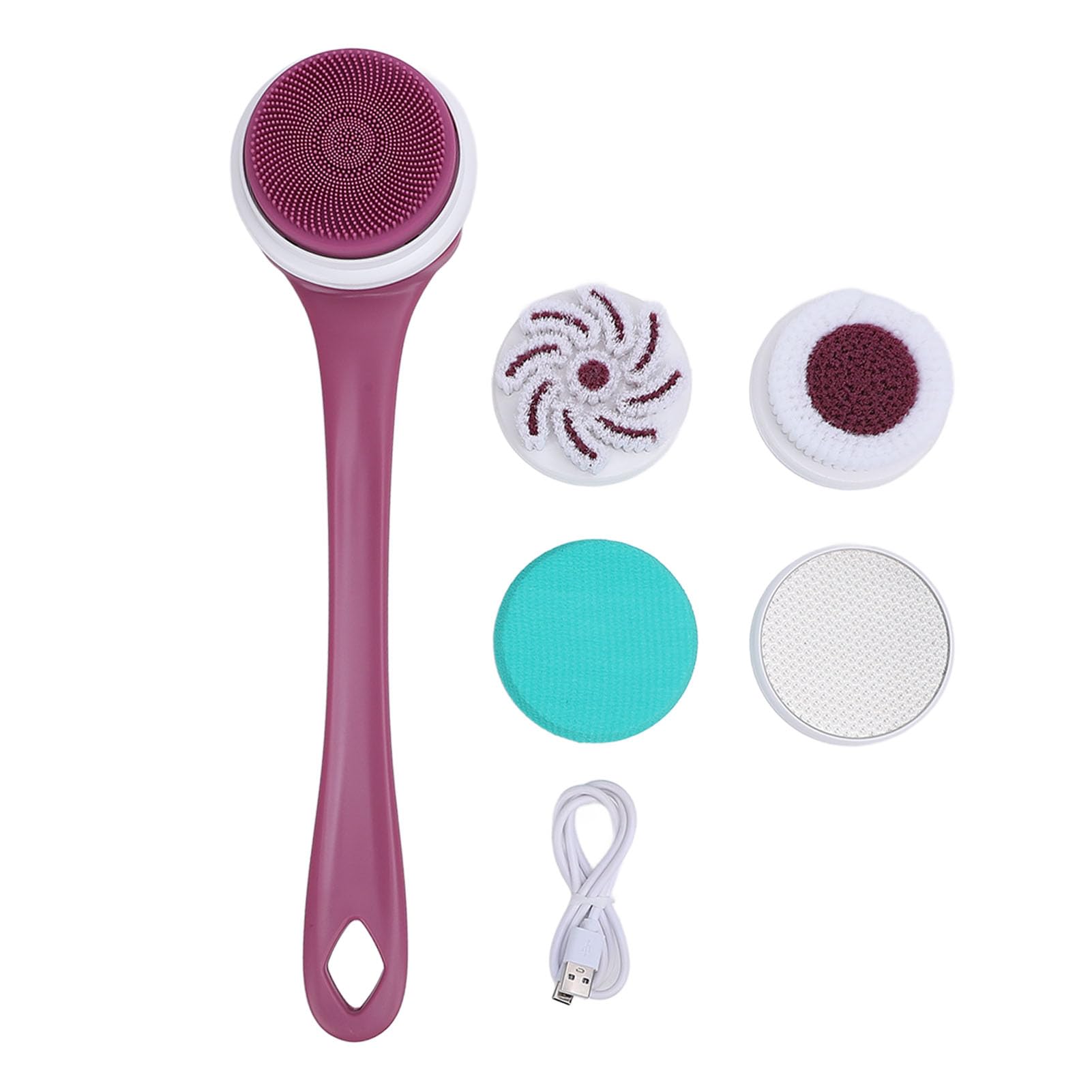 Spazzola elettrica per il corpo Spazzola per doccia multifunzionale con manico lungo Scrubber elettrico per doccia resistente all'acqua con 5 testine per uomini e donne (Viola)