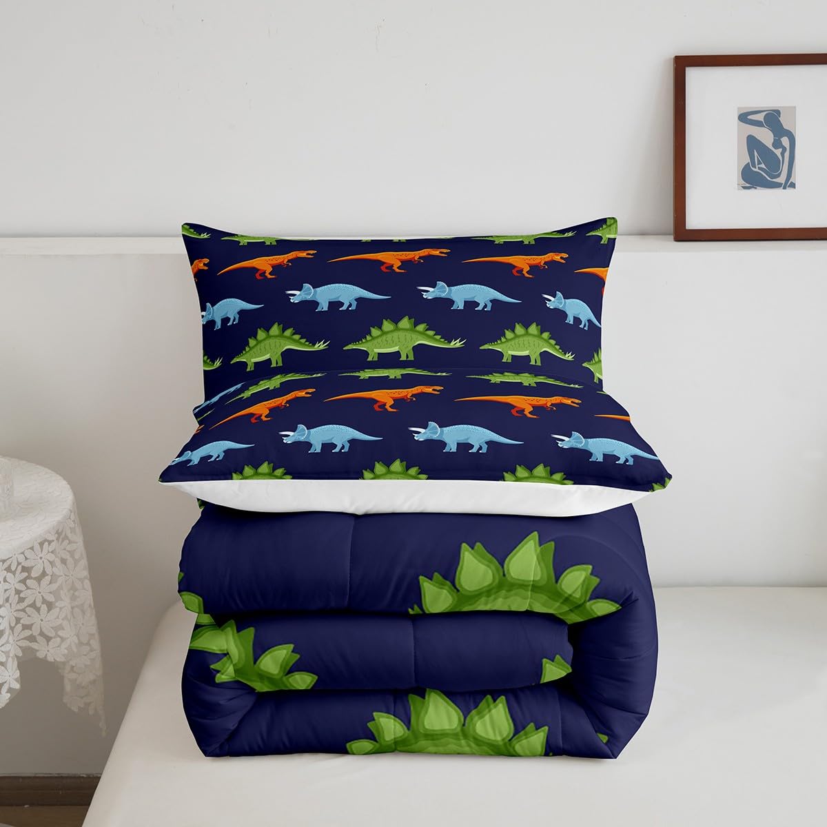 Homemissing Juego de ropa de cama de dinosaurio de dibujos animados, juego de edredón de dinosaurio azul oscuro para niños, edredón de plumón de dinosaurios, para niños y niñas, juego de edredón de
