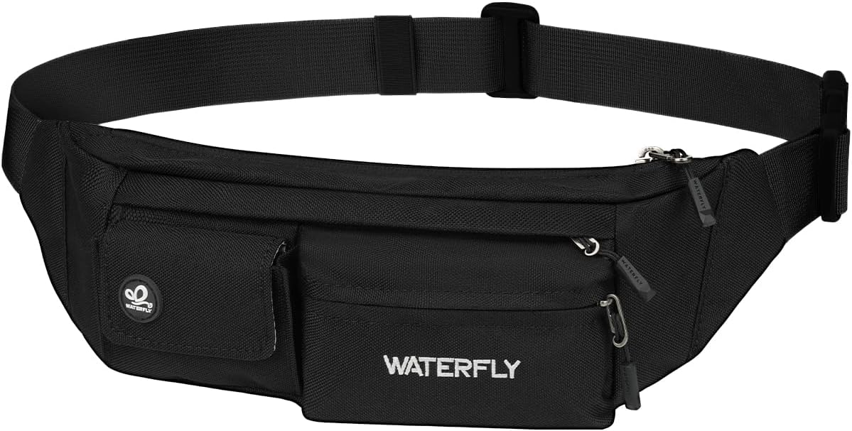 WATERFLY Small Crossbody Fanny Pack: 5 Pocket Slim Lightweight Waist Belt Hip Bag for Women Men Water Resistant Chest Pouch for Travel Hiking Running Walking Fit All Phones - Black