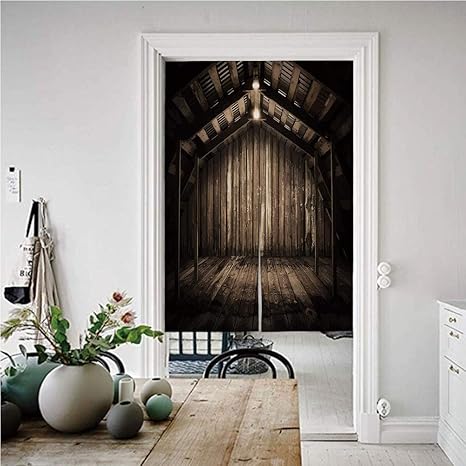 Amazon モダンなインテリア のれん おしゃれ 目隠し 幅85cm 丈150cm 古い木製の素朴な家のコテージ農村田舎グランジさびた屋内 おしゃれ ロング 居酒屋 店 部屋 玄関 入り口 間仕切り インテリア 茶色ダークブラウン のれん オンライン通販