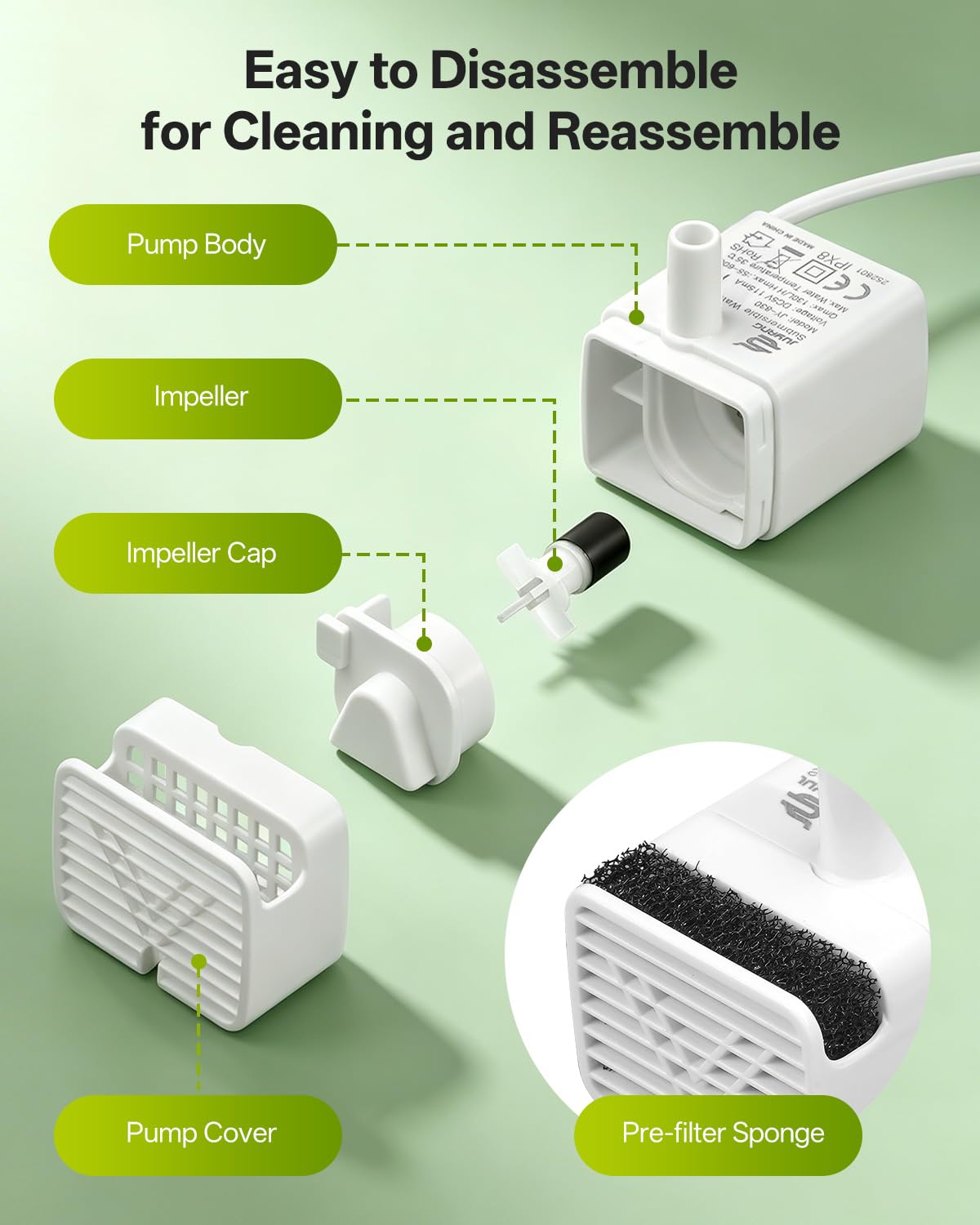 JY-830 Pompa sommergibile universale per molte fontane per animali domestici in acciaio inox, pompa ad acqua per gatti ultra silenziosa, motore USB, cavo da 1,50 m, IPX8, bassa potenza, lunga
