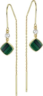 18K Gold Plated Ear Threader Earrings Sterling Silver Malachite Dangle Drop Earrings with Cubic Zirconia Fine Jewelry for ...