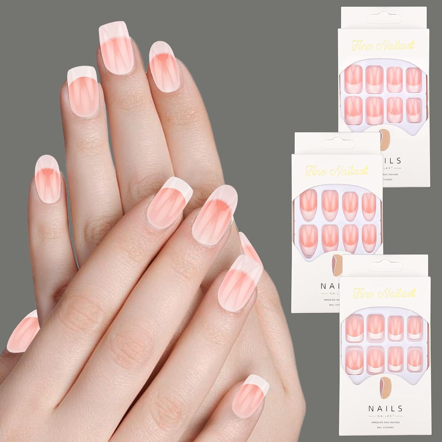 72Pcs Press on Nails Medium Length French Tip Coffin Square White Fake Nail Glossy