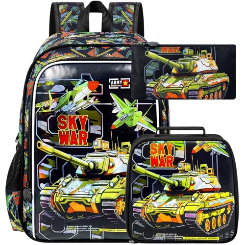 Image of HPJGD 3PCS Tank Backpack for Kids, Water Resistant Boys Bookbag Set with Lunch Box, Cool School Bag for Elementary Preschool Toddler - Green Tank