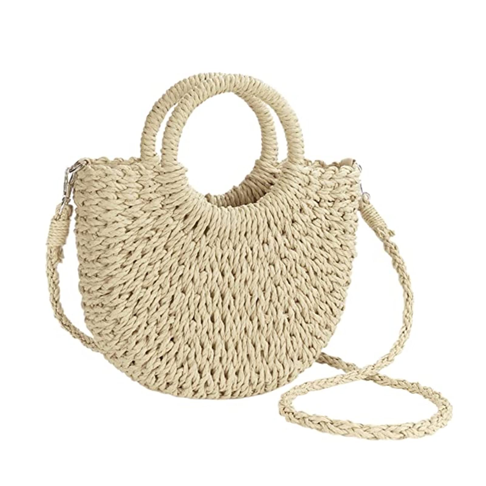 JOLLQUE – Sac de plage en paille pour femme, sac fourre-tout d'été tissé à la main avec pompon, poignée sur le dessus