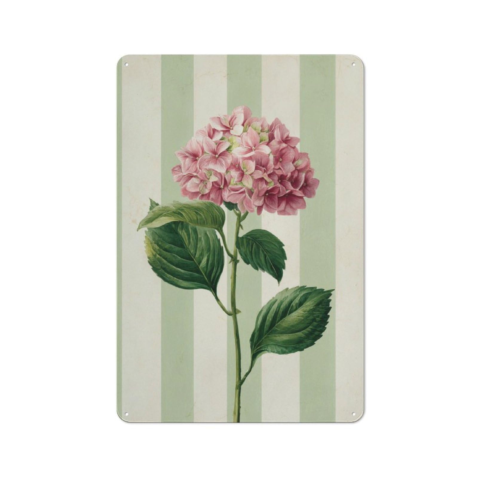 Jubonexis Pink Hydrangea on White Green Striped Tin Metal Signs Wall Art Decorations for Bar Pub Club Cafe Room Farmhouse White 30x20cm