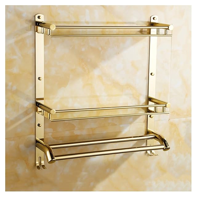 EVSER Bathroom Shelf Bathroom Shelf Drilling Wall Mounted Copper Shower Shelf 2 Tier Shower Caddy Storage Basket with