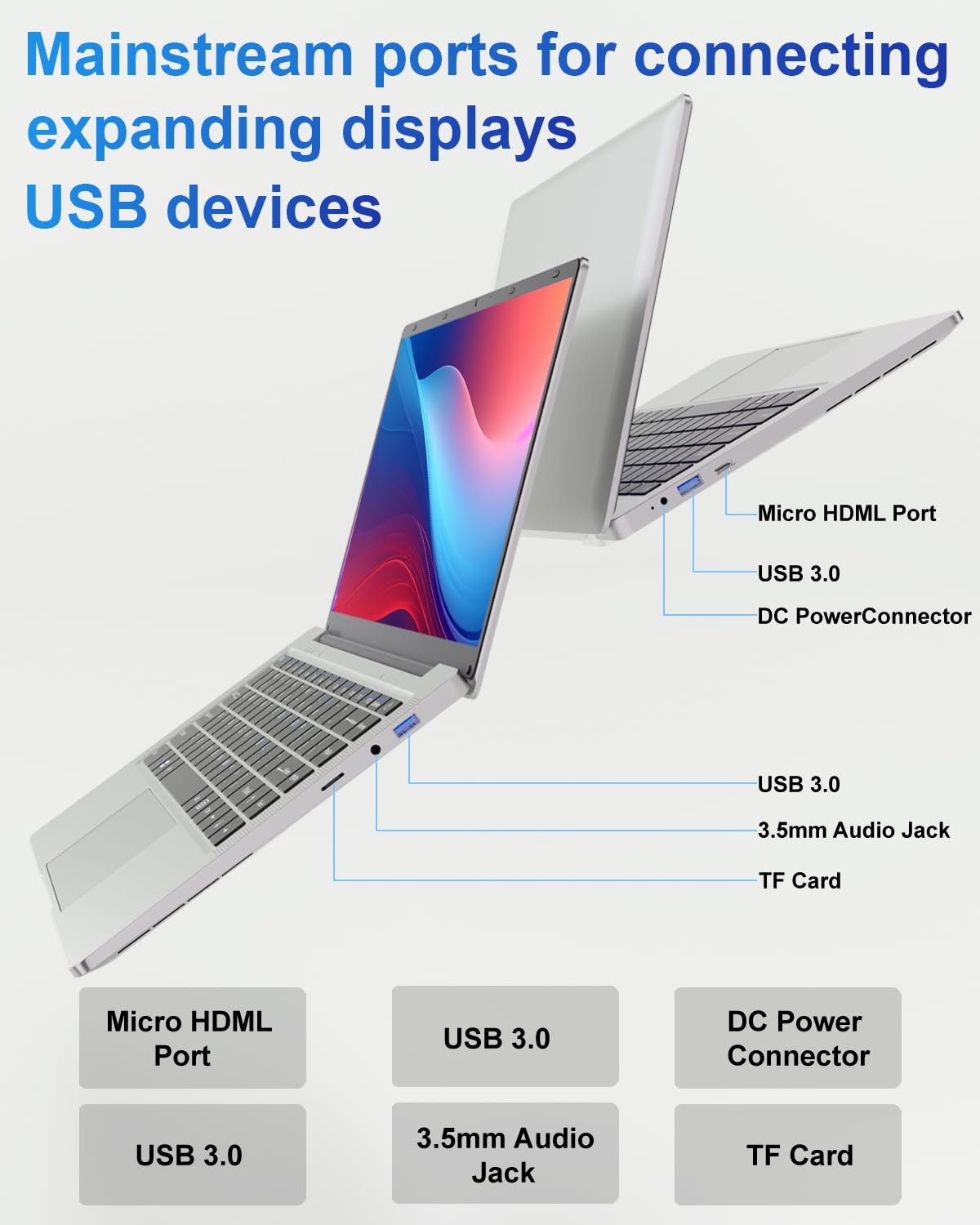 Ordinateur Portable 14 pouces 2 cœurs (jusqu’à 2,6 GHz) PC Portable 6 Go DDR4 128 Go SSD, WiFi 5G, Mini-HDMI, Design Sans Ventilateur Computer, Idéal pour Étudiants, Entreprise – Souris Incluse