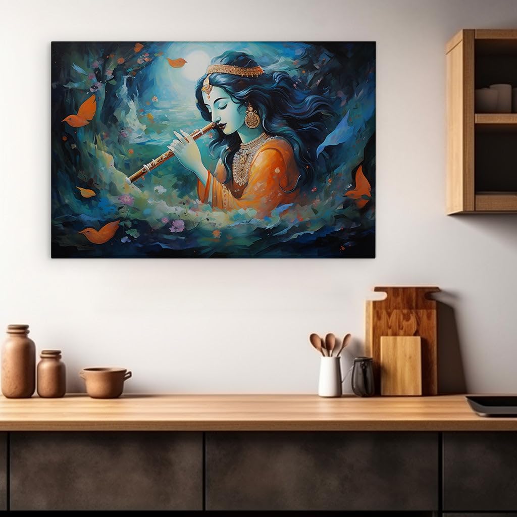 Canvas for Living room. Enchanting Midnight Melody: Lord Krishna's Celestial Serenade Amidst Nature's Harmony, 27 x 18 inch Canvas Wall Art - Ready to Hang