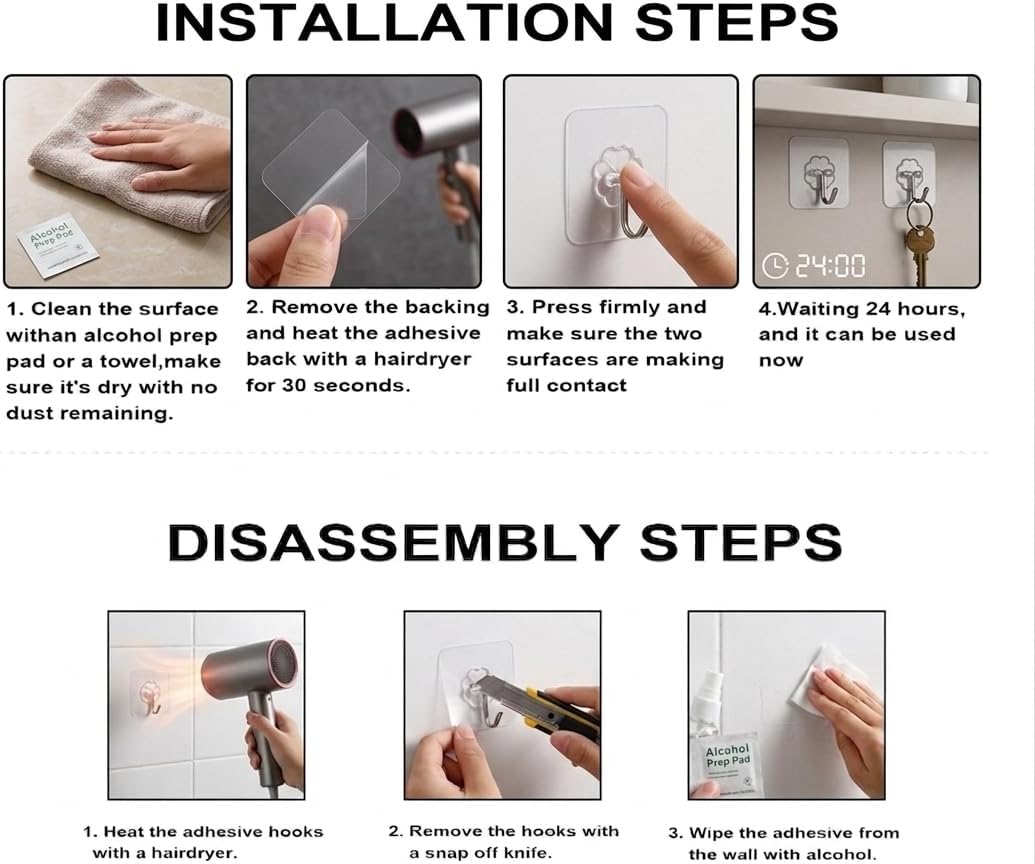 Adhesive Wall Hooks, Clear, Plastic, Heavy Duty, 16 Pack