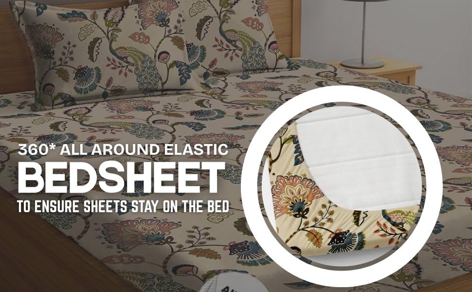 Image of 350 Tc Cotton Feel Glace Cotton All Around Elastic Floral Fitted Bedsheets Queen Size|Premium Super Soft Fitted Bedsheet Queen Size For Double Bed|Fits Up To 8 To 10 Inches,60 X 78,(Beige)