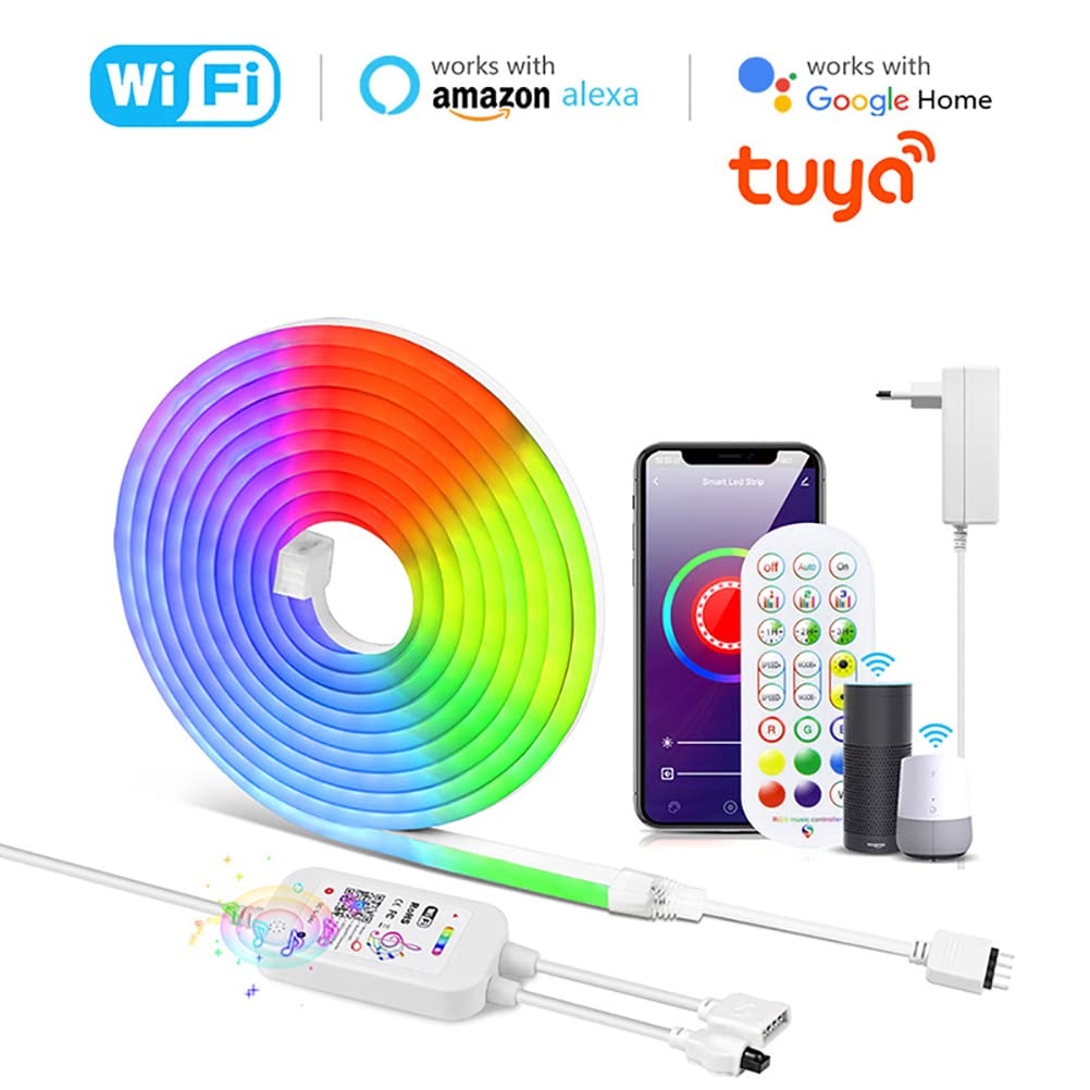 Strisce LED RGB Neon Strip con Telecomando, Controllo App, Sincronizzazione Musica, Funziona con Alexa Google Assistant, Fascia Luminosa DIY Impermeabile IP65 Per Interni Esterni Decorativa,16.4 ft