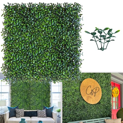 Image of ODTORY Artificial Grass Wall Greenery Backdrop, 10X10 in 25P(17.5 sqft) | UV-Anti, Fake Ivy Vine Balcony Fence, Outdoor Privacy Screen, Green Boxwood Leaf Panels, Indoor Home Faux Plant Decor