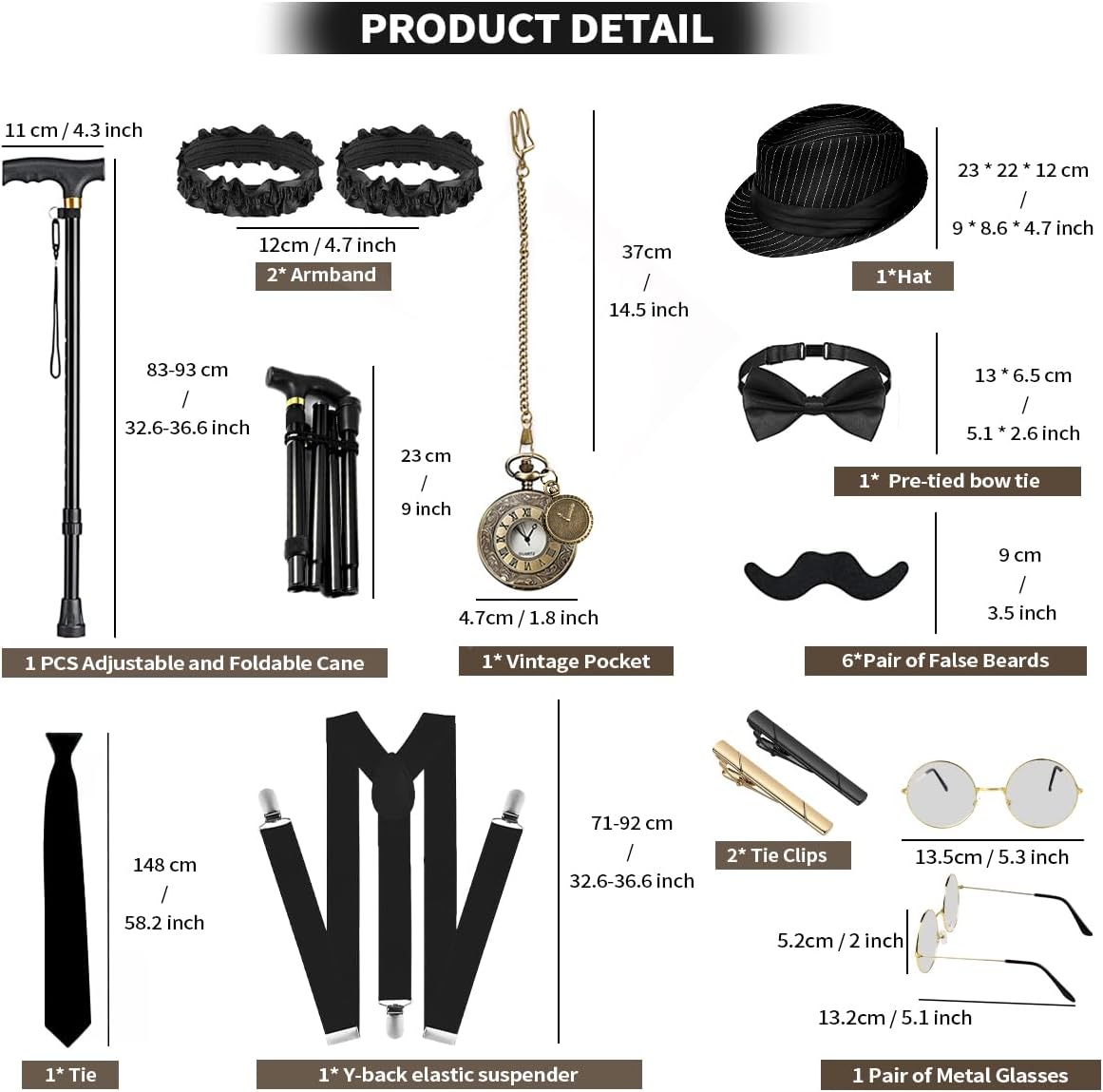1920s Mens Costume, Roaring 20s Costumes Accessories Set Vest Foldable Crutches Fedora Hat Pocket Watch Tie - Image 3