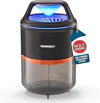 مصيدة الحشرات الداخلية Flowtron | مصيدة البعوض بالأشعة فوق البنفسجية مع مروحة، تغطية 860 قدم مربع، مصيدة حشرات تعمل بمنفذ USB-C للمطبخ وغرفة النوم والمطعم | مصيدة ذباب هادئة للاستخدام الداخلي