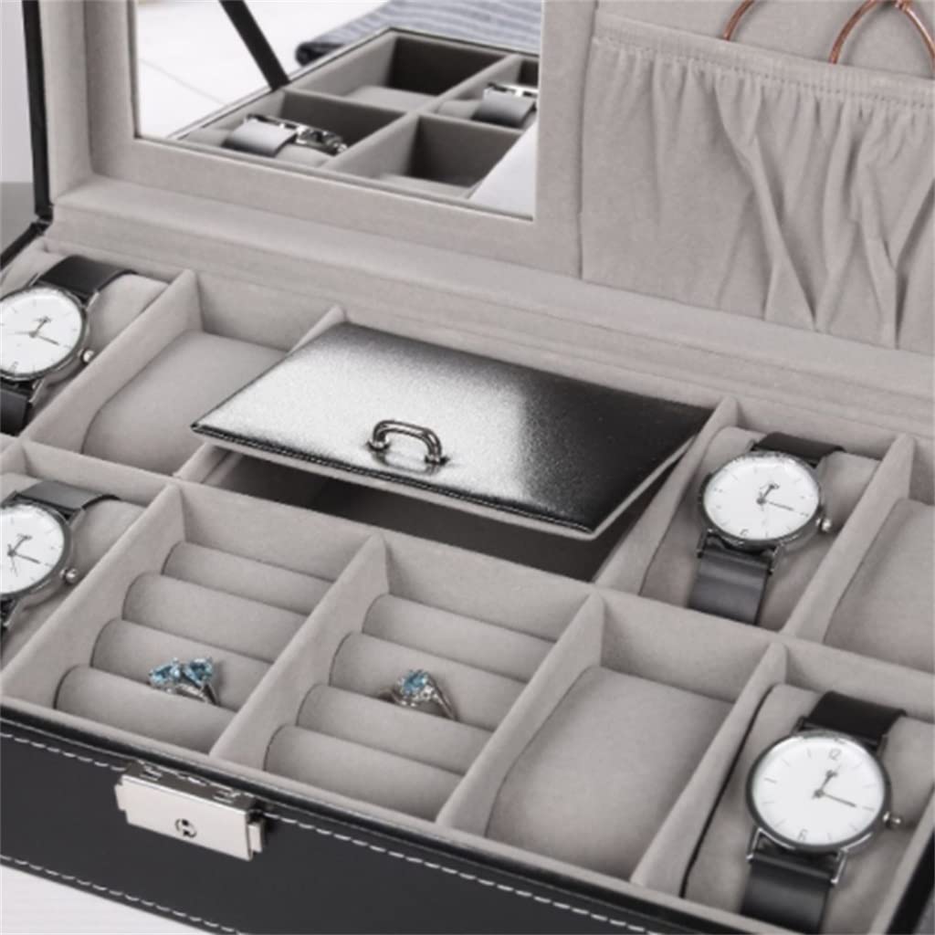 XBTGS Uhren-Box, Schmuck-Organizer, Schmuck-Präsentationsbox, Ohrring-Aufbewahrungs-Organizer mit oberem Spiegel,