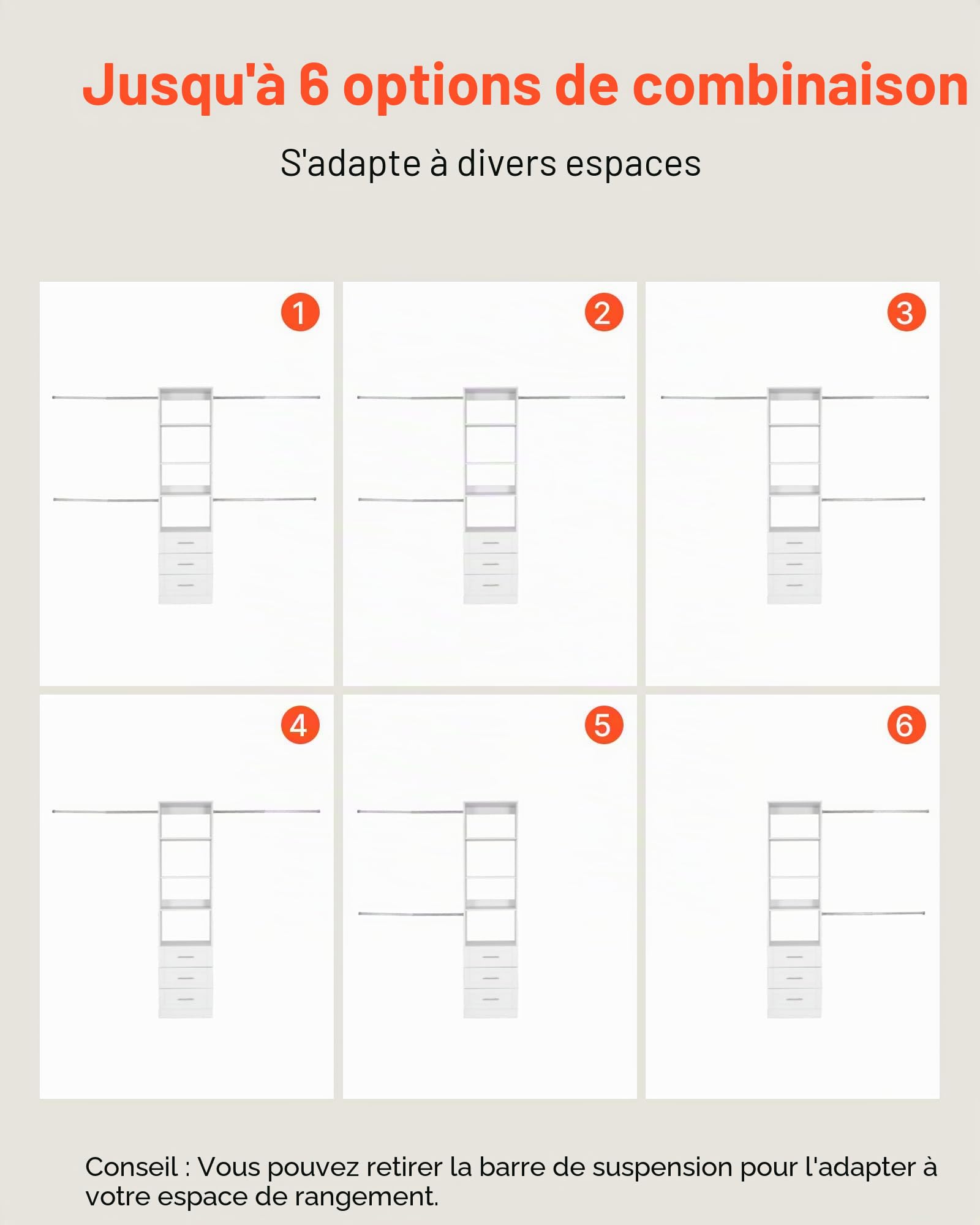 VEVOR Système de Placard avec 3 tiroirs, système d'organisation de Placard en Bois à Hauteur réglable, Porte-vêtements avec 4 tringles à vêtements rétractables, pour Rangement de Chambre, Blanc