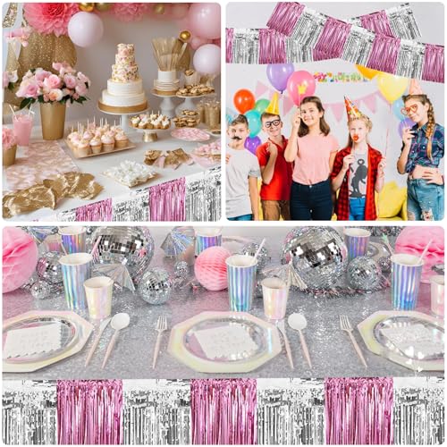 Image of BEISHIDA 3 Packs Metallic Foil Fringe Garland Pink Silver Wall Hanging Tinsel Fringe Banners for Car Floats Birthday Baby Bridal Shower Wedding Graduation Holiday Party Decoration(30 Feet)