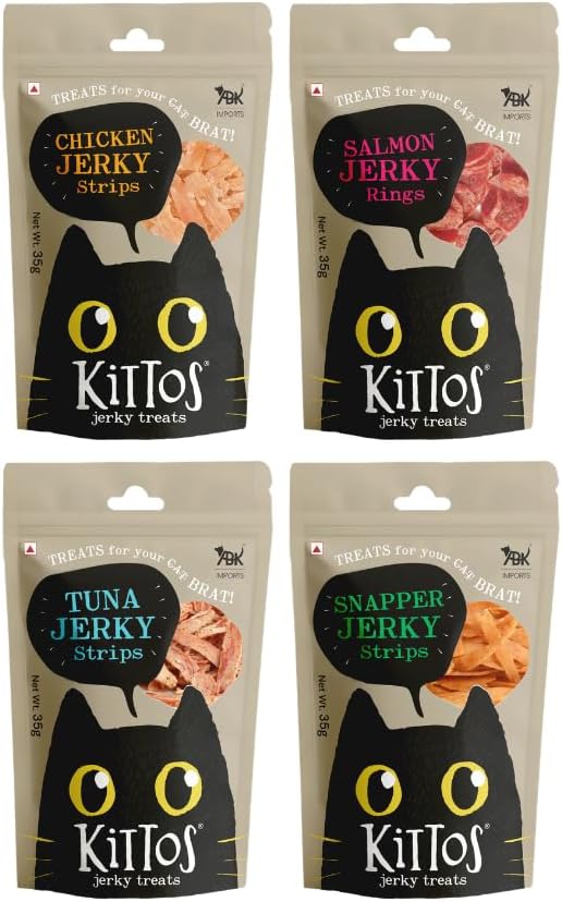 Cat Treats Multi-Flavour Pack High Protein Cat Snacks with Chicken Salmon Rings Tuna Jerky & Snapper Jerky Strips Pack of 4 35g Each Healthy Training Treats