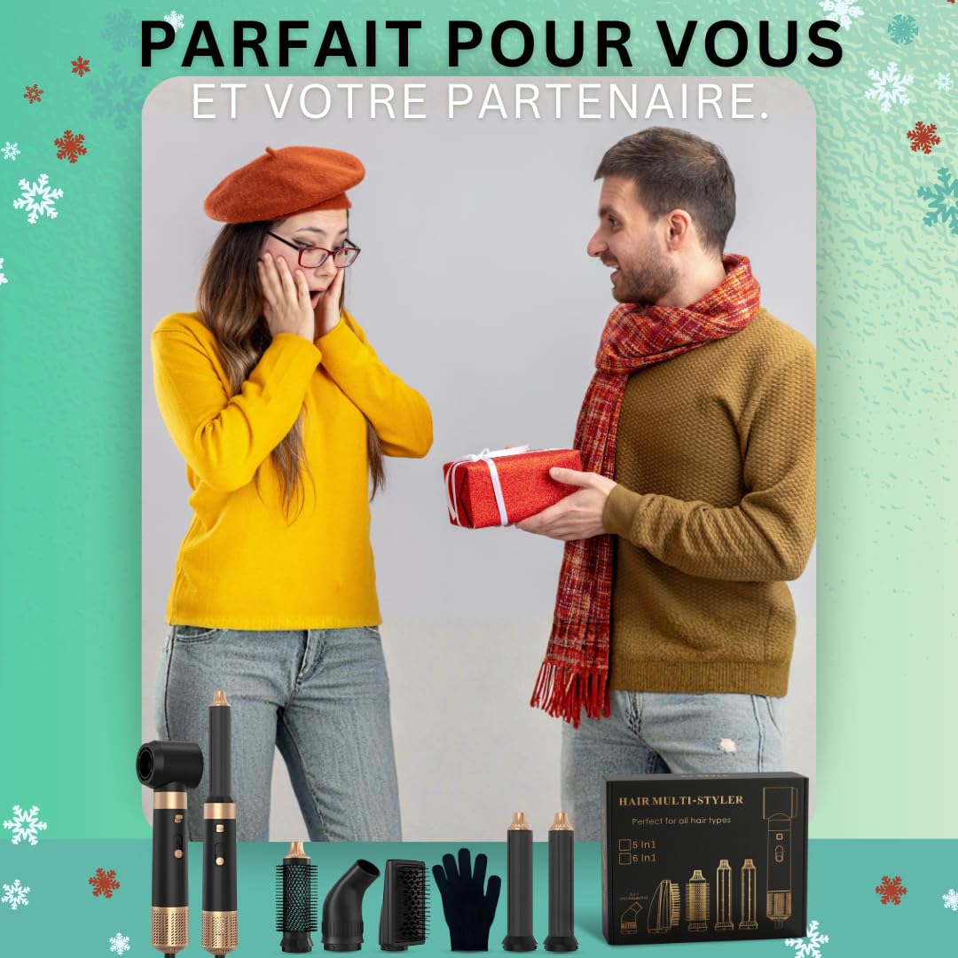 Brosse soufflante 6 en 1, Hair Styler 1000W Sèche Cheveux Multifonction, Brosse coiffante et lissante, volumisante, Air Boucleur, Gant inclus, Technologie Ionique, Cadeau Femme