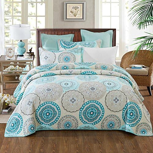 NEWLAKE 3 Pieces Quilt Bedspread Set, Blue Aqua Boho Medallion Pattern, Queen Size