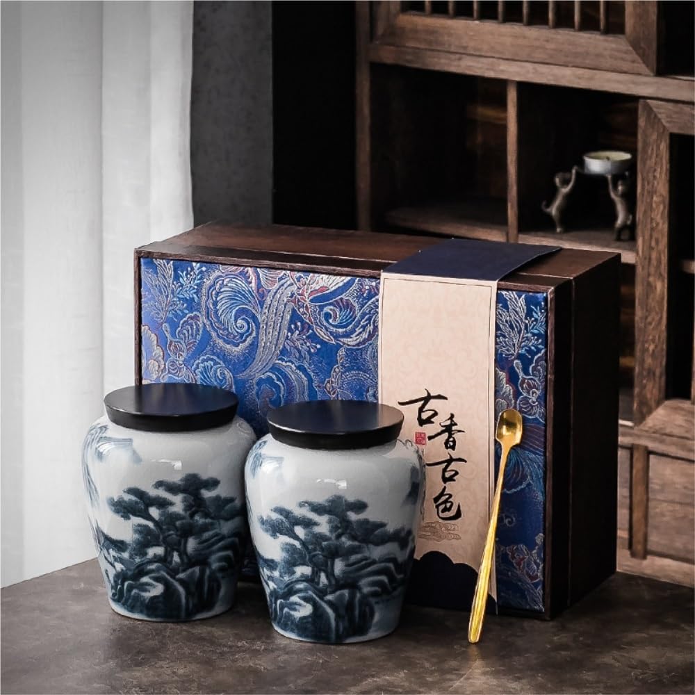 Organizador de Bolsitas de Té Recipiente for almacenar té suelto, tarro de cerámica sellado, tarro vacío con cuchara de té, juego de caja de regalo de tarro doble de té retro Organizador de Té Contene