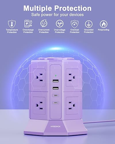 Miniatura 5 de Torre de regleta de enchufe plano con 8 tomas, 4 puertos USB (2 tipo C), regleta protectora de sobretensiones con cable de extensión de 6.5 pies,