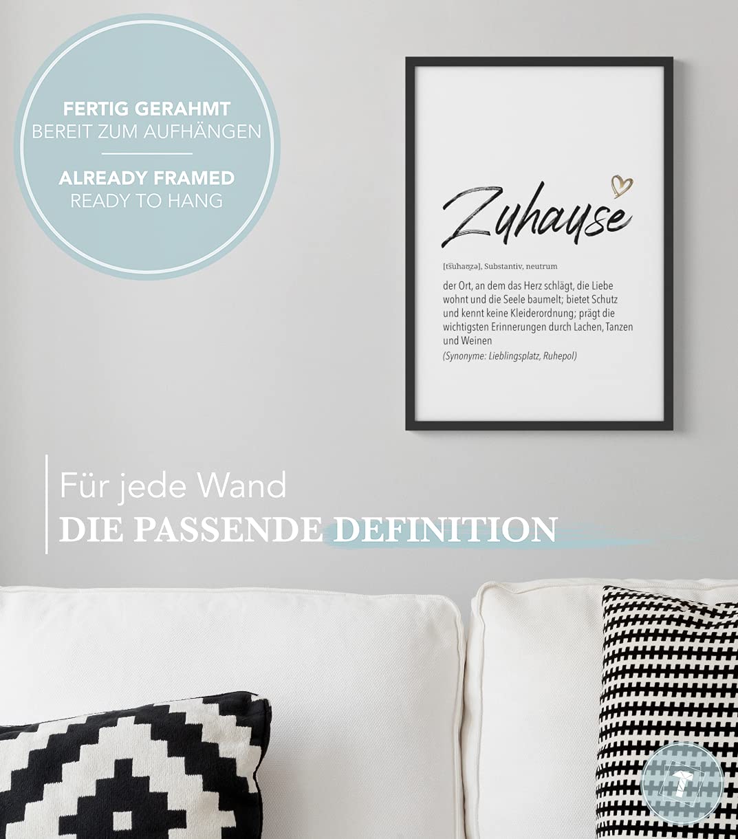 Papierschmiede® Herz Definition: Zuhause, A2 fertig gerahmt (Rahmen: Material und Farbe wählbar), Bild Home Kunstdruck Familie, Poster für Wohnzimmer, Wandbild Wanddeko Geschenk Geburtstag Einweihung