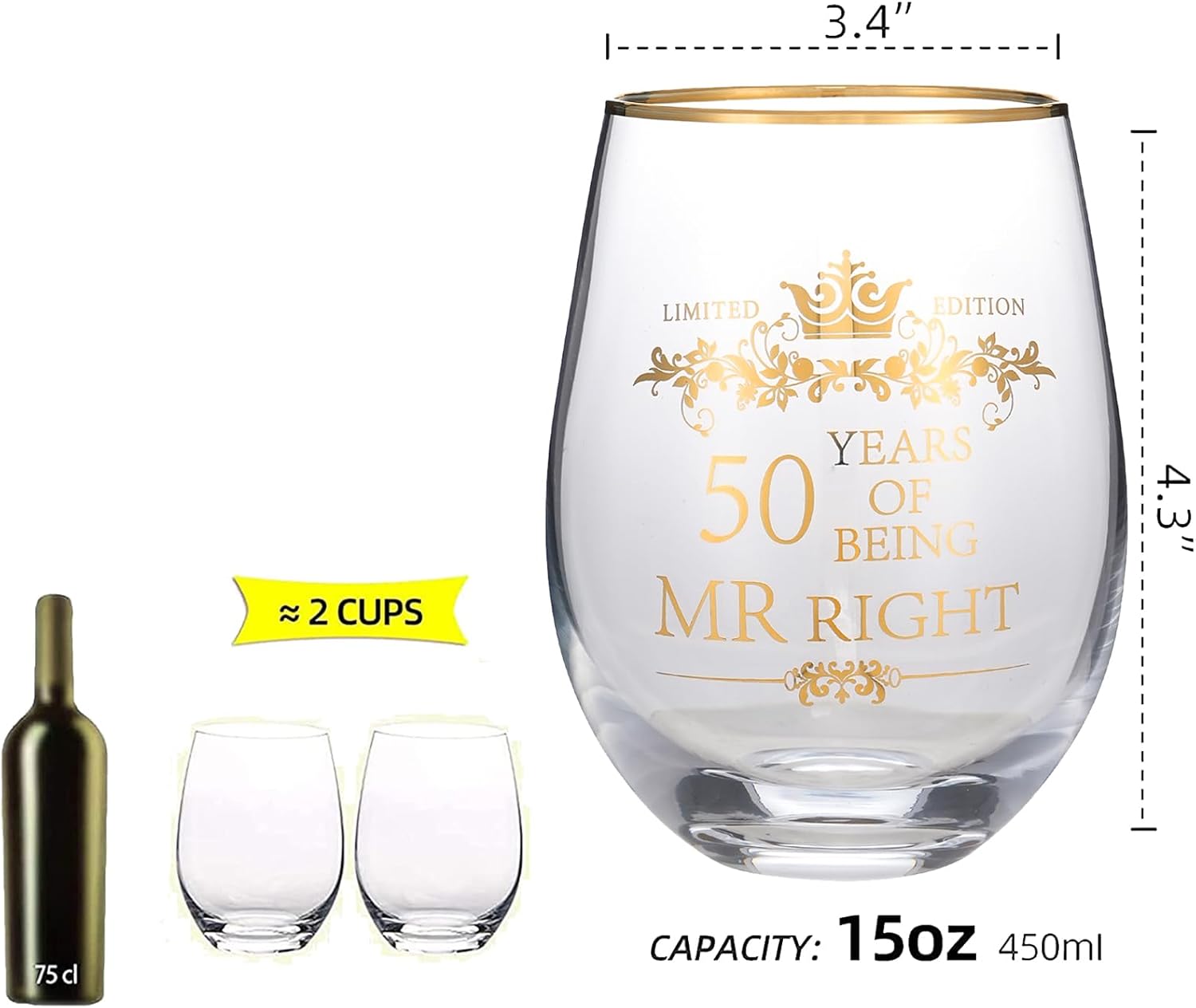 Set of 2 50th Wedding Anniversary 15 Ounces Wine Glasses Tumblers Mr Right Mrs Always Right 50 Years Anniversary Cups Present for Couples Parents Gifts - Image 2