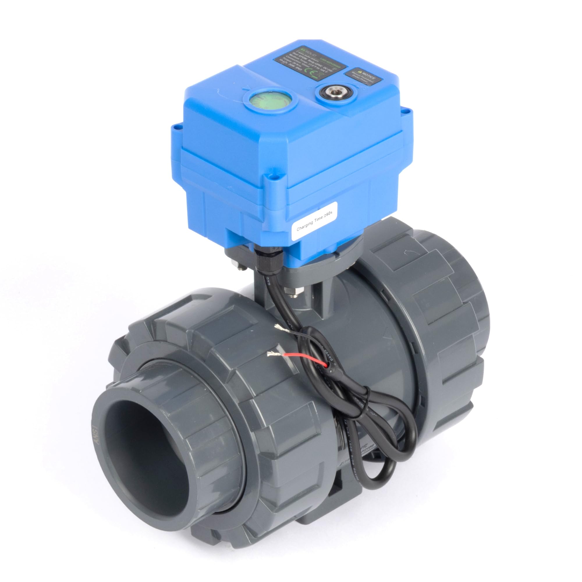 U.S. Solid Válvula de bola motorizada de 2 pulgadas, válvula de agua eléctrica de UPVC de 24 V CC, retorno automático de 2 cables (normalmente cerrada), con anulación manual, sello EPDM y doble unión