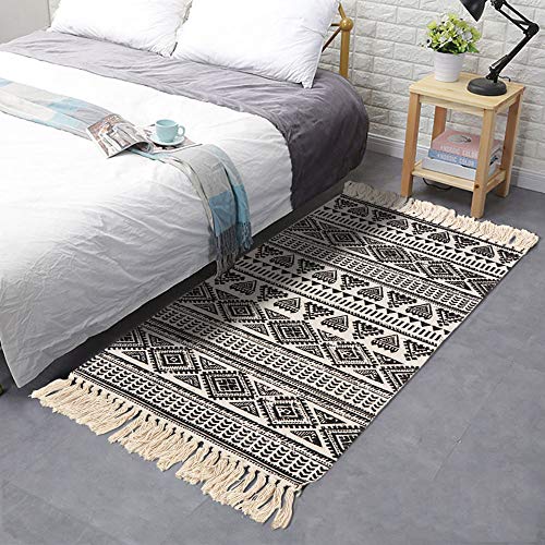 Seavish Cotton Printed Rug, Decorative Black And White Tribal Kilim Rug Vintage Persian Style Hand Woven Rag Rug Entryway Thin Throw Rug 2X4.3 For Laundry Room Living Room Dorm #TOP1
