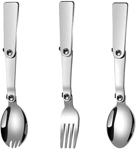 Juego de 3 cubiertos plegables de acero inoxidable 18/10 (304) de acero inoxidable portátil plegable para camping, termo de viaje, al aire libre,